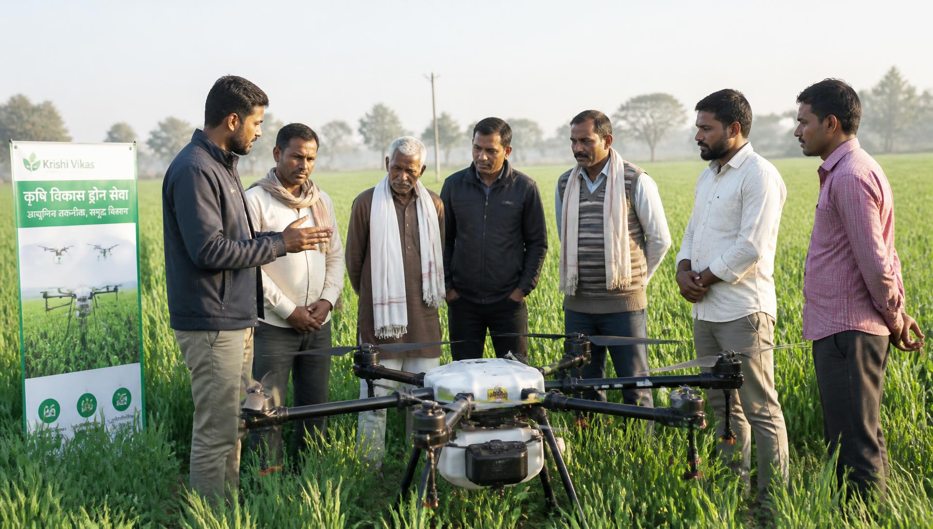 Indian farmers inspecting an agricultural drone