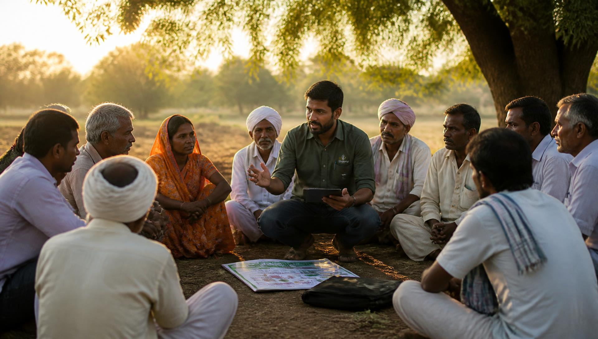 Agronomist meeting a farmer producer organisation group in an Indian village